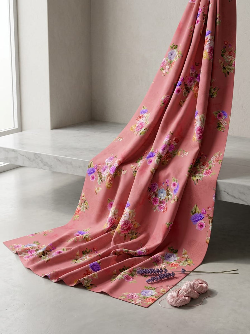 Pink Romantic Floral Bouquet Pure Cotton Digital Printed Fabric