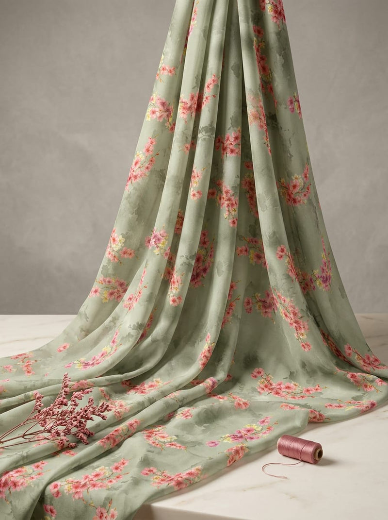 Green Sakura Floral Branch Weightless Digital Printed Fabric