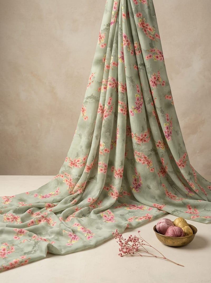Olive Cherry Blossom Floral Muslin Digital Printed Fabric
