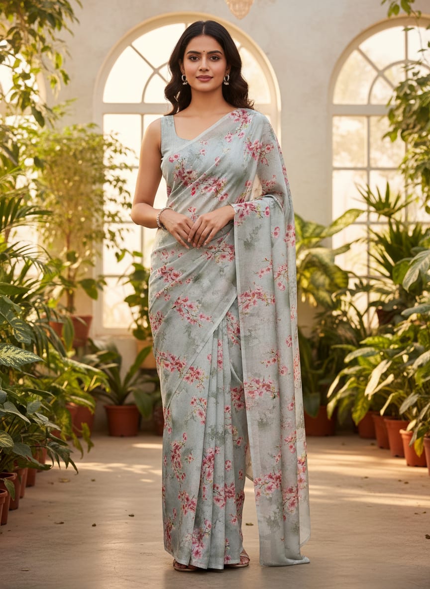 Lovely Purple Violet Flower Digital Printed Fabric - Silk Crepe