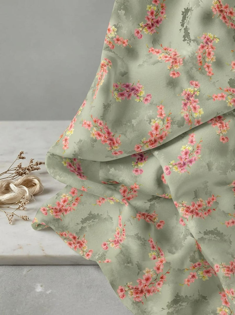 Green Dainty Cherry Blossom Floral Pure Cotton Digital Printed Fabric