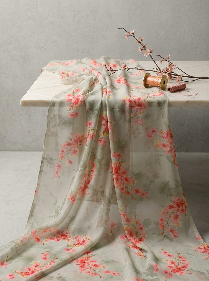 Pink Cherry Blossom Floral Pure Georgette Digital Printed Fabric