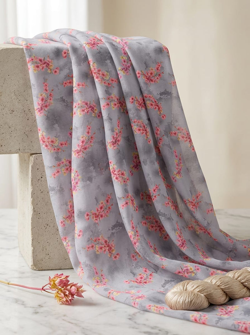 Grey and Pink Cherry Blossom Floral Muslin Digital Printed Fabric