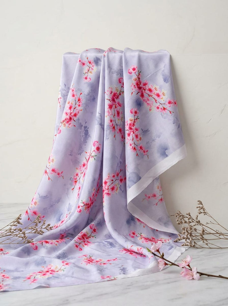 Grey Cherry Blossom Floral Silk Crepe Digital Printed Fabric