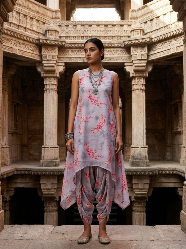 Grey Sakura Blossom Floral Pure Cotton Digital Printed Fabric - Asymmetric Tunic with Dhoti Pants Lookbook - PCO-0-TA08283P4-108 - alternate view