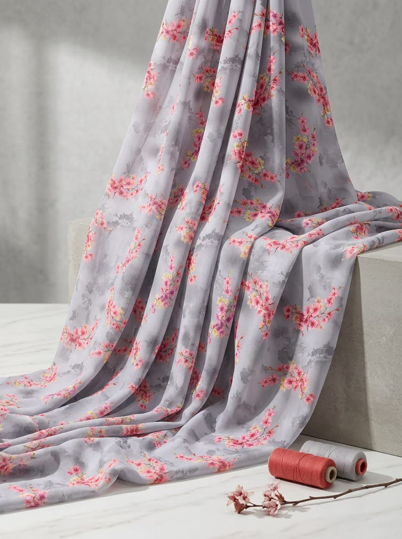 Grey Sakura Blossom Floral Pure Georgette Digital Printed Fabric