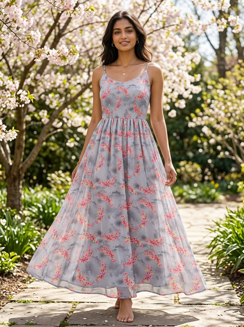Grey Sakura Blossom Floral Pure Georgette Digital Printed Fabric