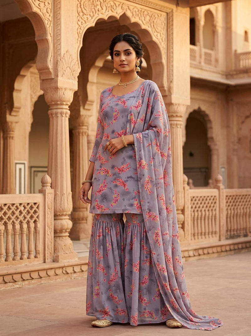 Grey Sakura Blossom Floral Pure Georgette Digital Printed Fabric