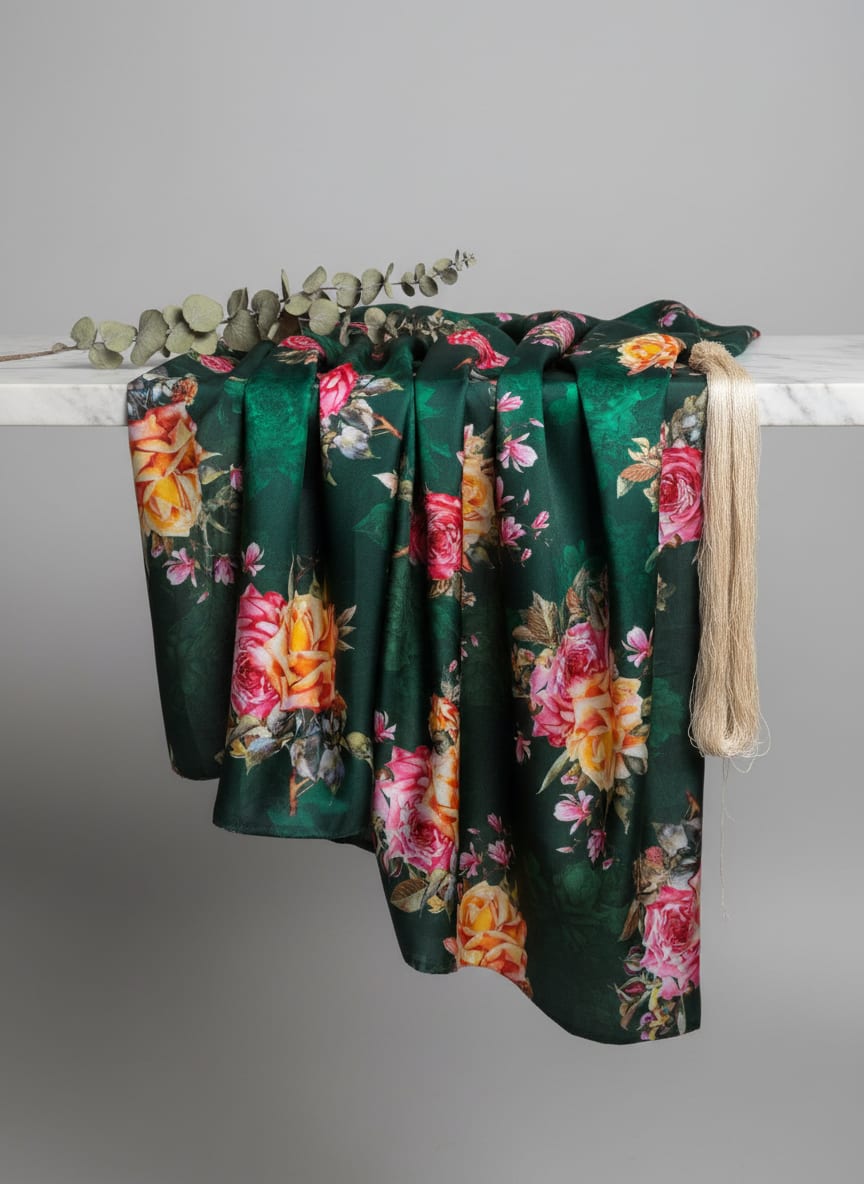 Beautiful Roses With Leaves Digital Printed Fabric - Japan Satin