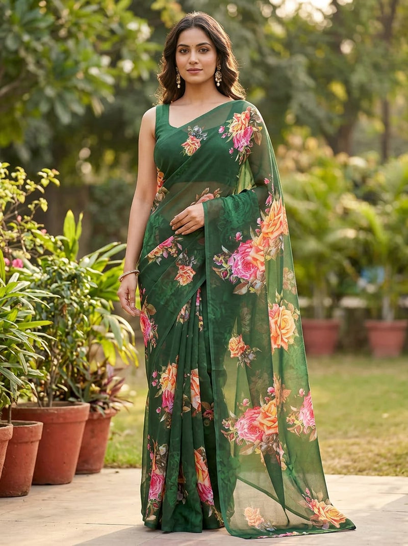 Green Vintage Rose Bouquets Weightless Digital Printed Fabric
