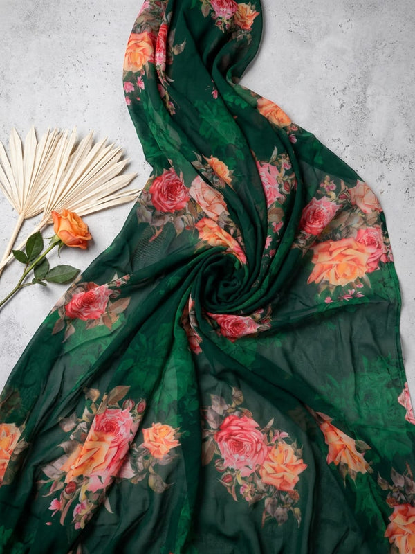 Green Classic Rose Floral Pure Georgette Digital Printed Fabric