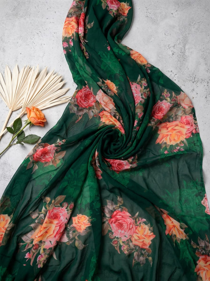 Green Classic Rose Floral Pure Georgette Digital Printed Fabric