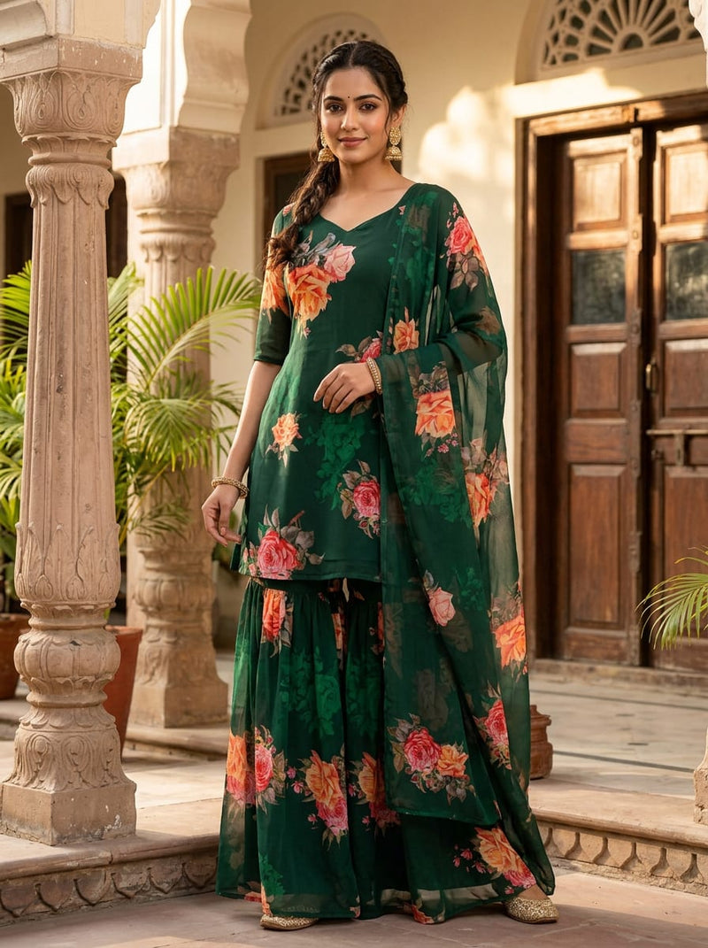 Green Classic Rose Floral Pure Georgette Digital Printed Fabric