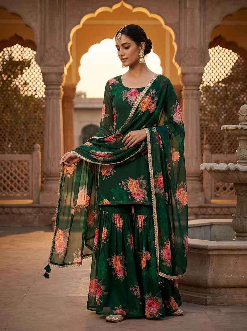 Green Classic Rose Floral Pure Georgette Digital Printed Fabric