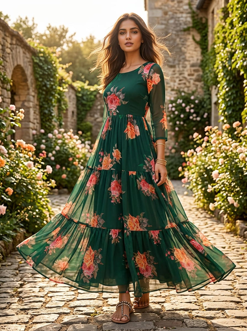 Green Classic Rose Floral Pure Georgette Digital Printed Fabric