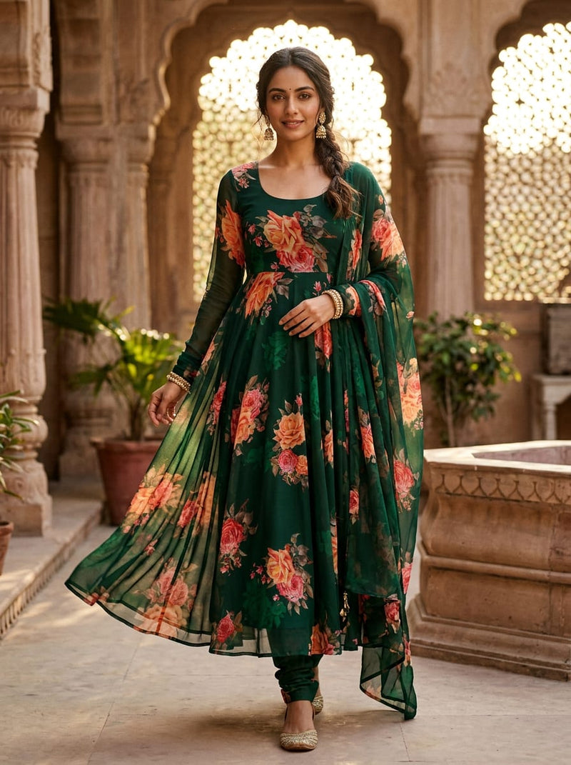 Green Classic Rose Floral Pure Georgette Digital Printed Fabric