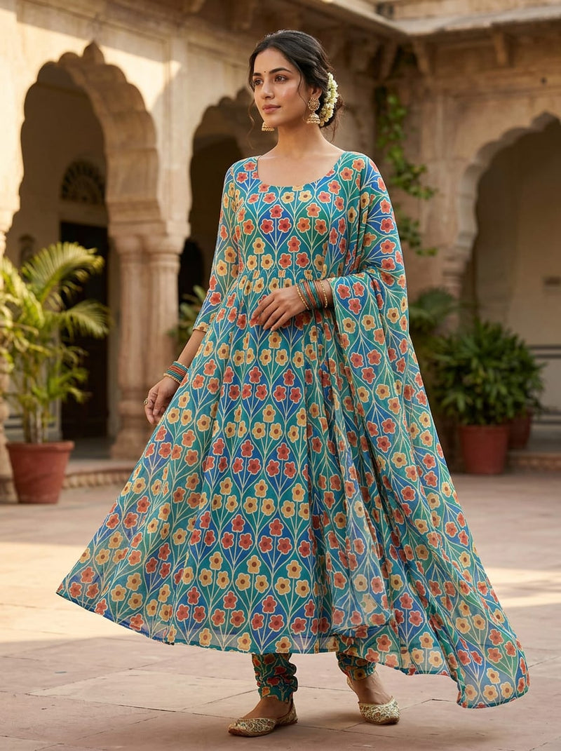 Multicolor Bohemian Floral Lattice Pure Georgette Digital Printed Fabric