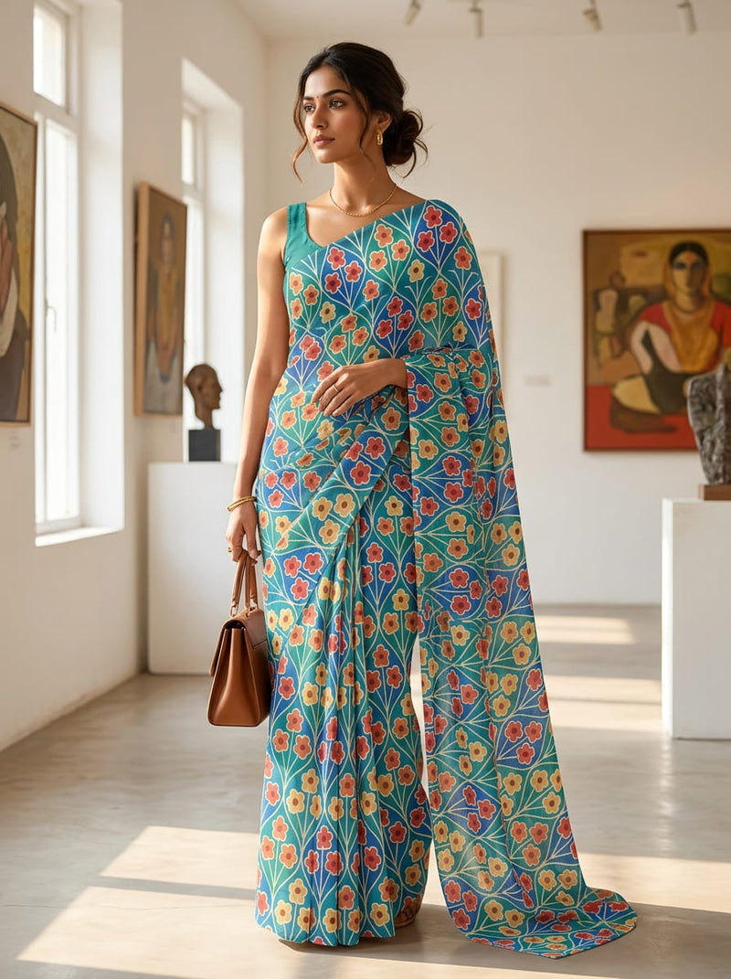 Multicolor Bohemian Floral Lattice Pure Georgette Digital Printed Fabric
