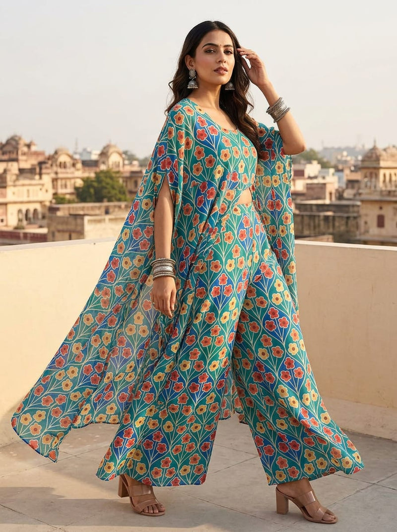 Multicolor Bohemian Floral Lattice Pure Georgette Digital Printed Fabric