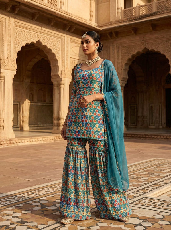 Multicolor Bohemian Floral Lattice Pure Georgette Digital Printed Fabric - Gharara Set Lookbook - PG-0-TA08290P1-110 - alternate view