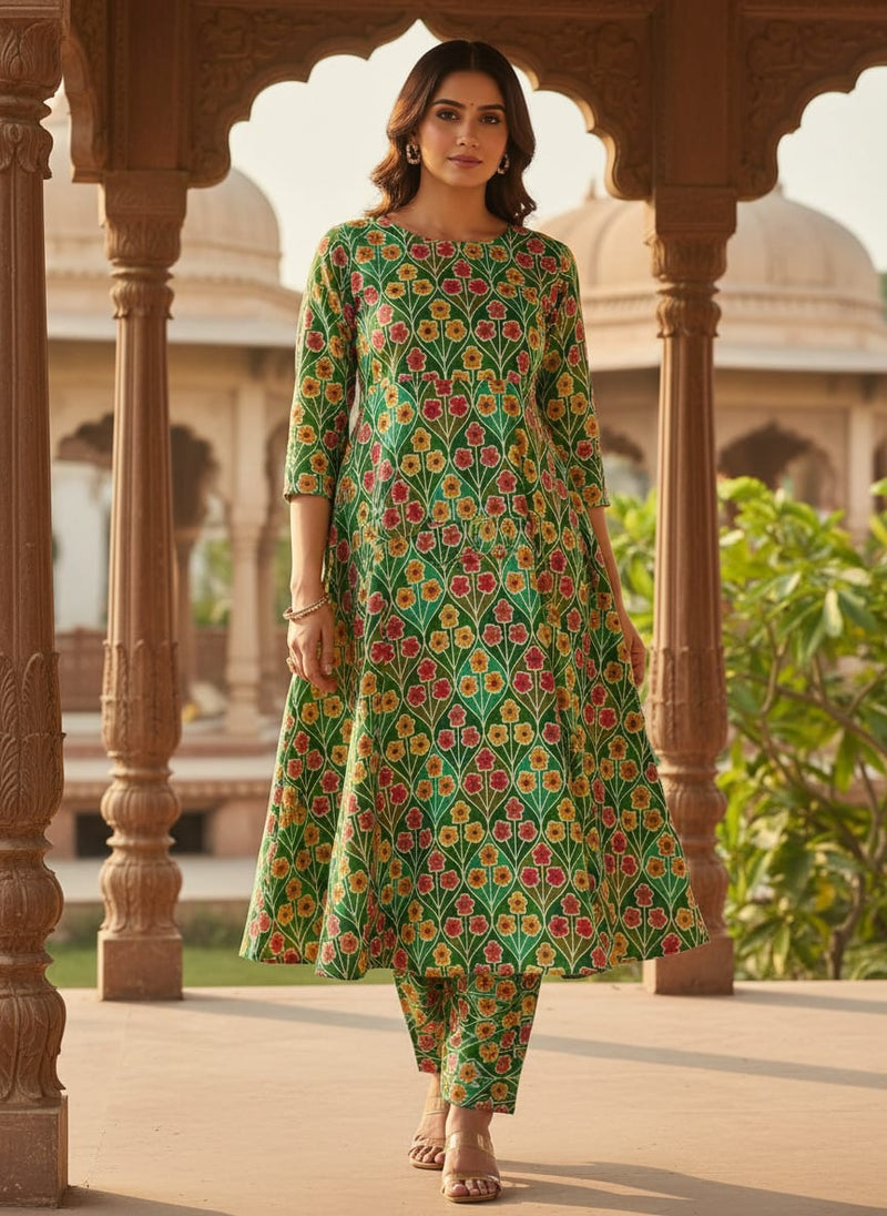 Multicolour Allmandar Flower Ogee Art Digital Printed Fabric - Kora Silk