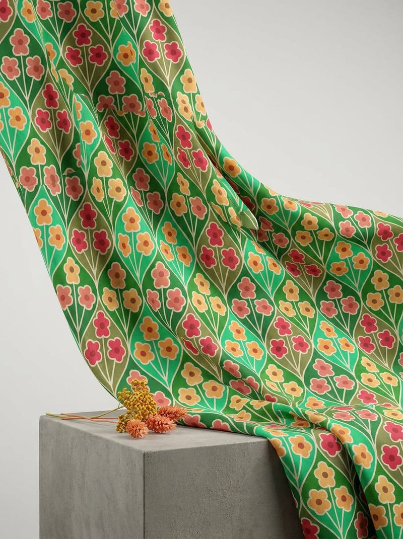 Green Vintage Floral Trellis Kora Silk Digital Printed Fabric