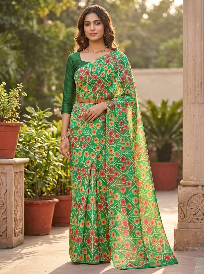 Green Vintage Floral Trellis Kora Silk Digital Printed Fabric