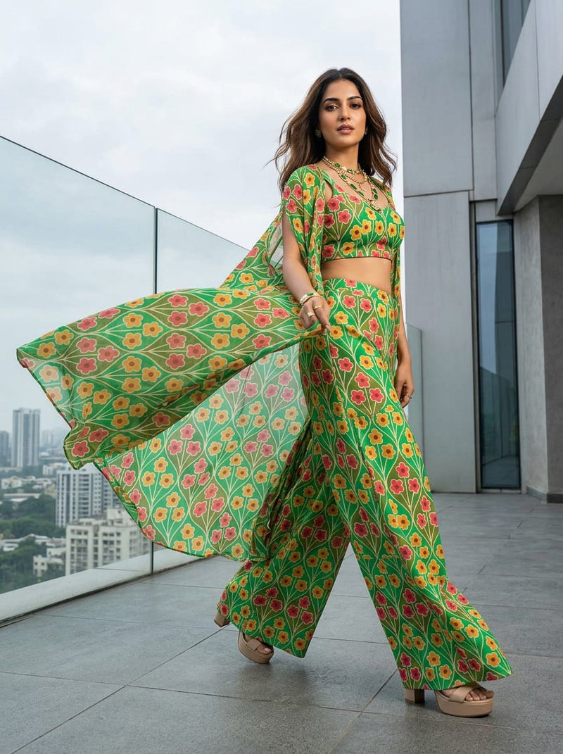 Green Vintage Geometric Floral Weightless Digital Printed Fabric