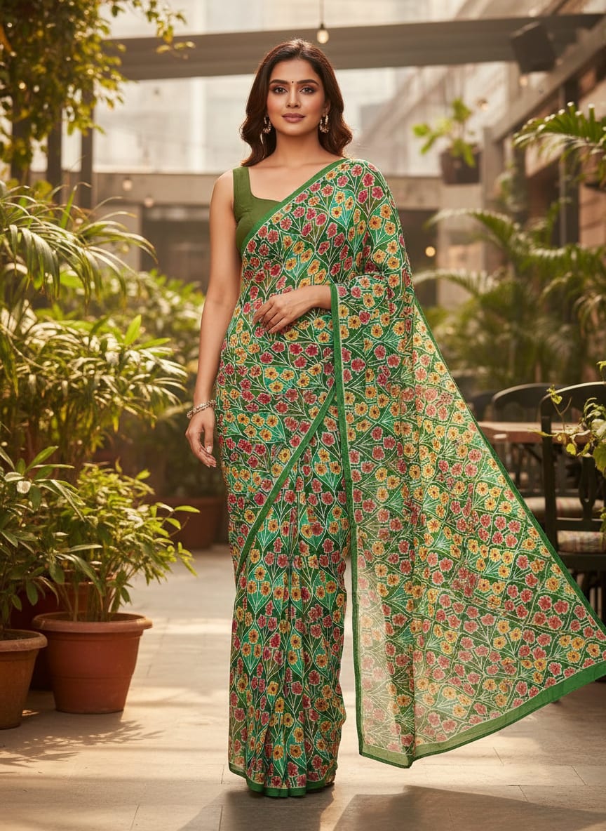 Multicolour Allmandar Flower Ogee Art Digital Printed Fabric - Pure Georgette