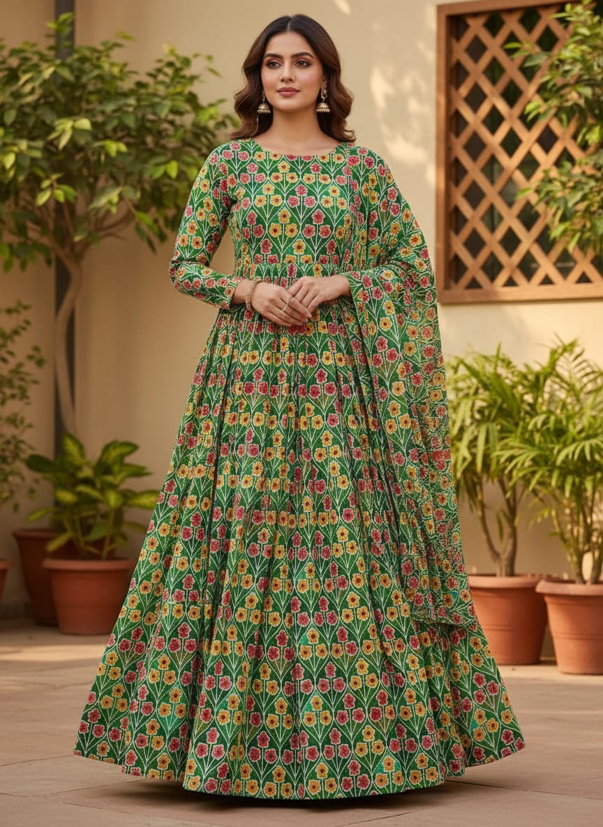 Multicolour Allmandar Flower Ogee Art Digital Printed Fabric - Pure Georgette