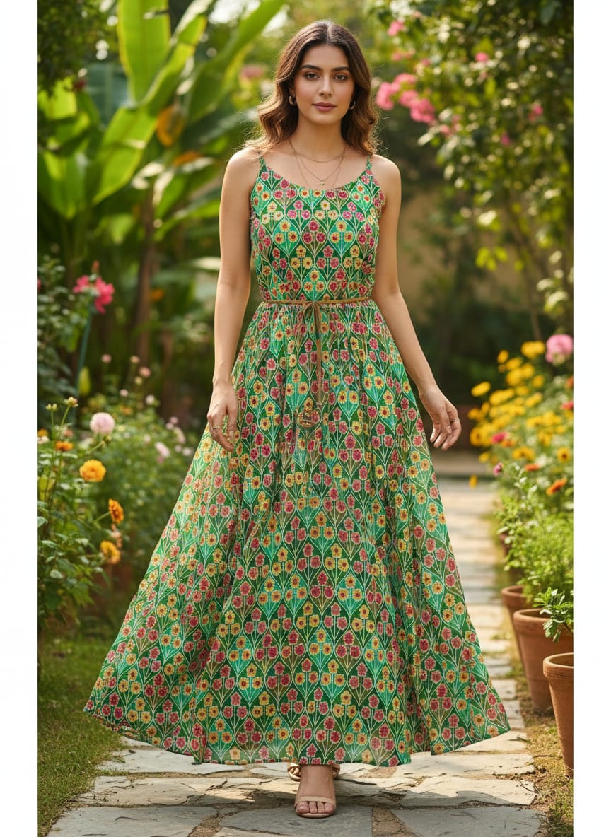 Multicolour Allmandar Flower Ogee Art Digital Printed Fabric - Pure Georgette