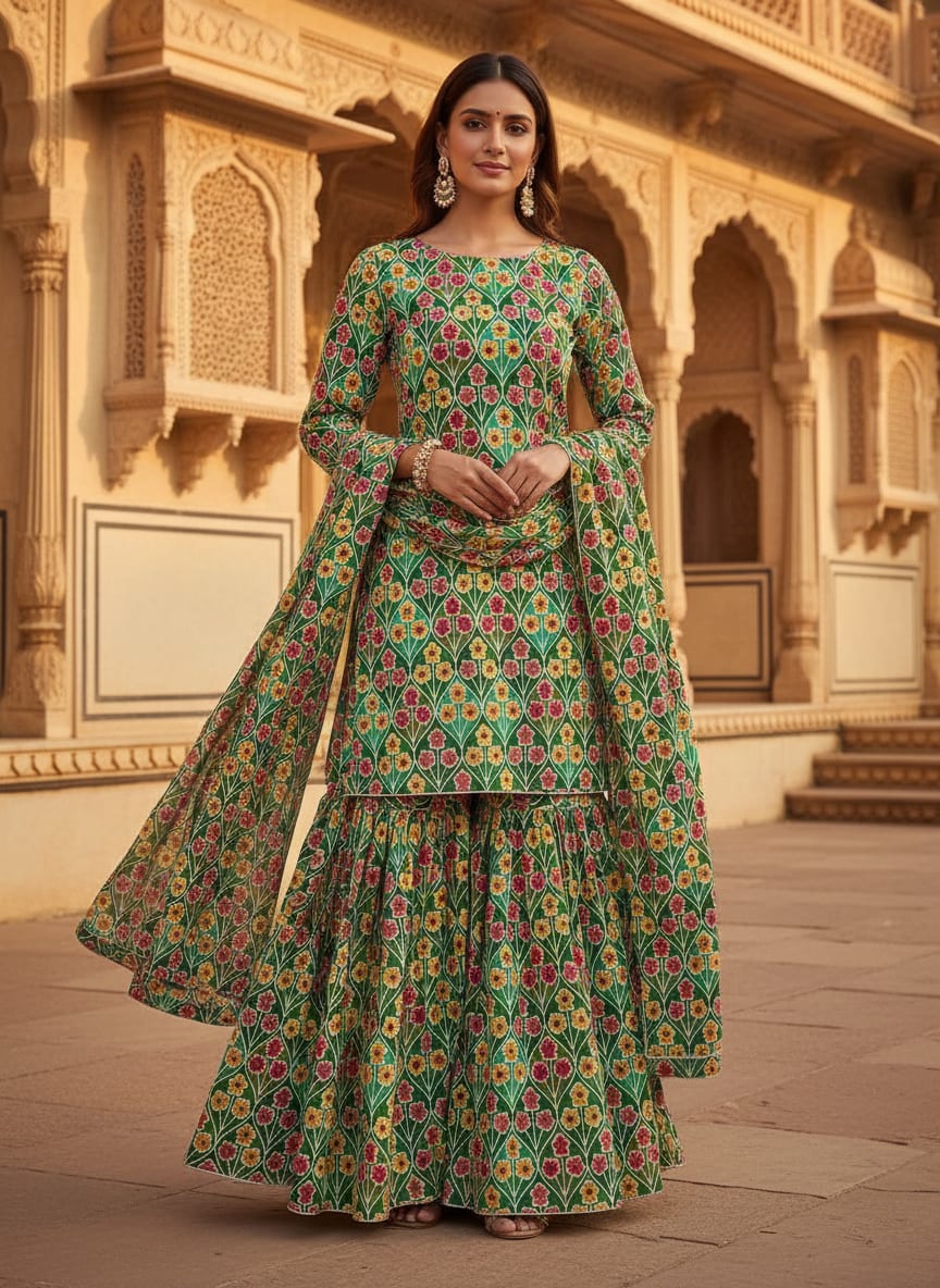 Multicolour Allmandar Flower Ogee Art Digital Printed Fabric - Pure Georgette