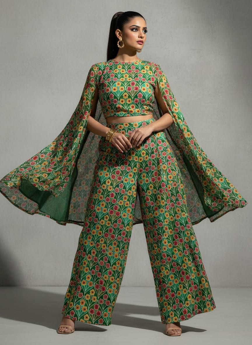 Green Vintage Floral Trellis Pure Georgette Digital Printed Fabric