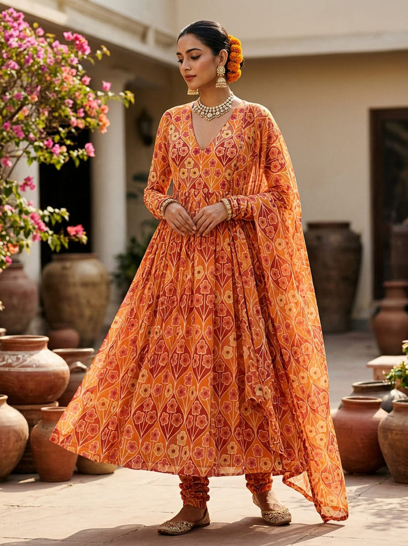 Multicolor Retro Bohemian Floral Trellis Pure Georgette Digital Printed Fabric