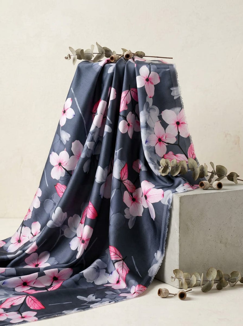 Grey Pink Dogwood Floral Japan Satin Digital Printed Fabric