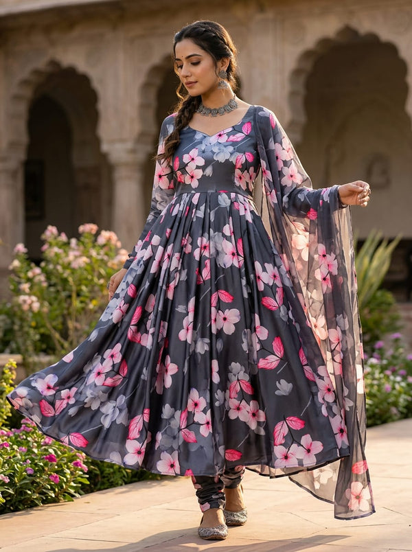 Grey Pink Dogwood Floral Japan Satin Digital Printed Fabric - Anarkali Kurta Set Lookbook - JS-0-TA08291P-110 - alternate view