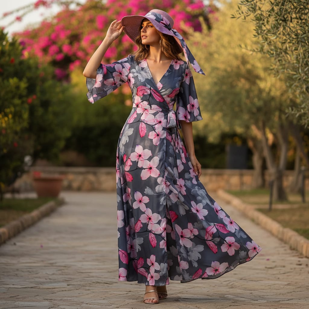 Pink Orchid Flower With Grey Background Digital Printed Fabric - Silk Crepe