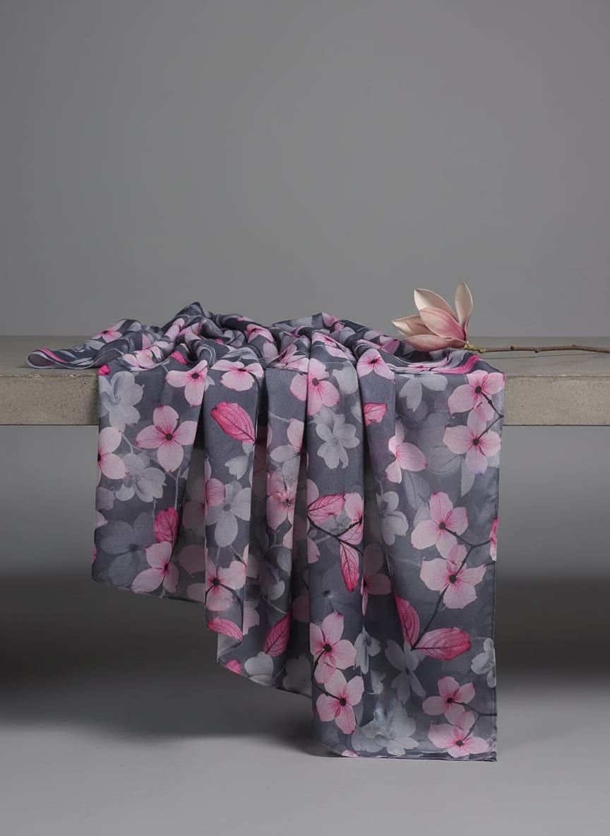 Pink Orchid Flower With Grey Background Digital Printed Fabric - Silk Crepe