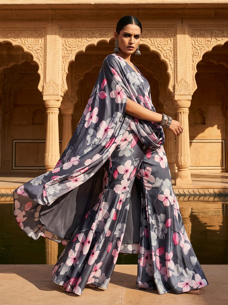 Grey Pink and Grey Dogwood Floral Silk Crepe Digital Printed Fabric