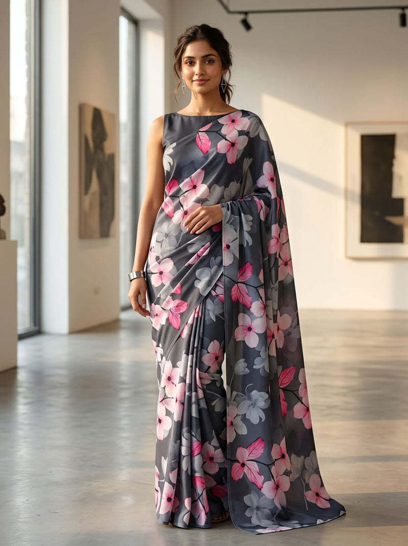 Grey Pink and Grey Dogwood Floral Silk Crepe Digital Printed Fabric