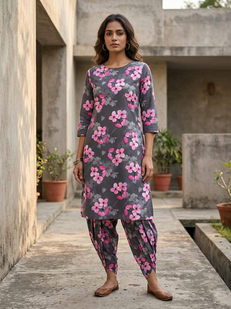 Grey Pink Sakura Floral Pure Cotton Digital Printed Fabric