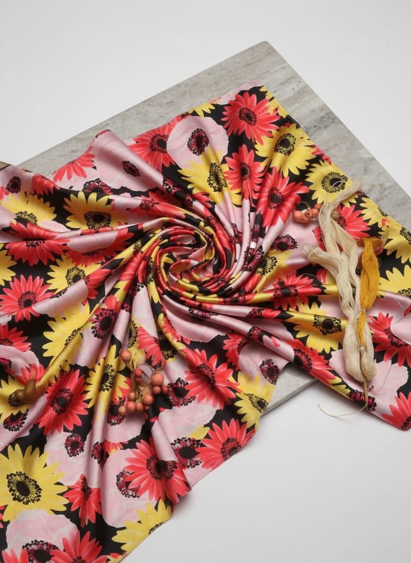 Watercolour Sunflower Digital Printed Fabric - Japan Satin
