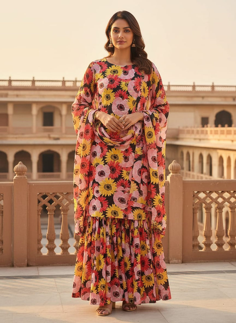 Watercolour Sunflower Digital Printed Fabric - Pure Georgette