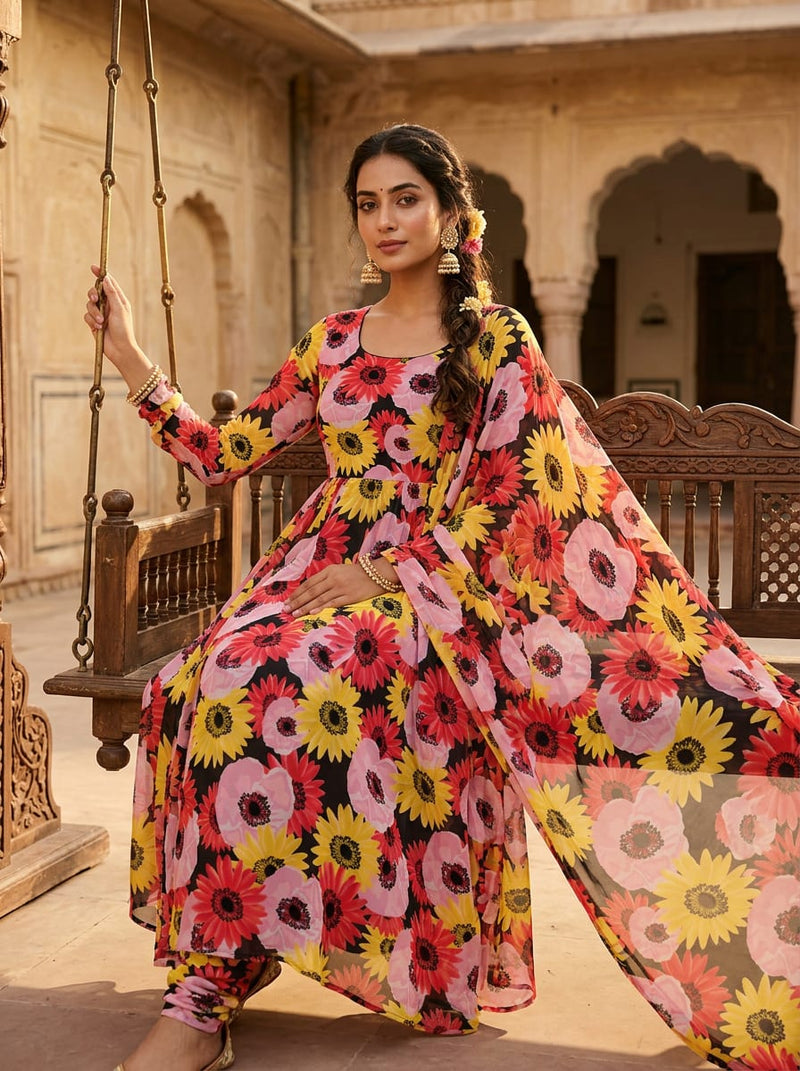 Multicolor Vibrant Gerbera Floral Pure Georgette Digital Printed Fabric