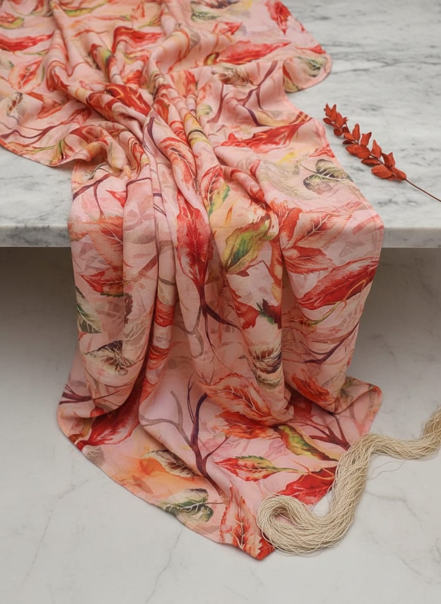 Beautiful Watercolour Gradient Autumnal Leaves Digital Printed Fabric - Poly Muslin