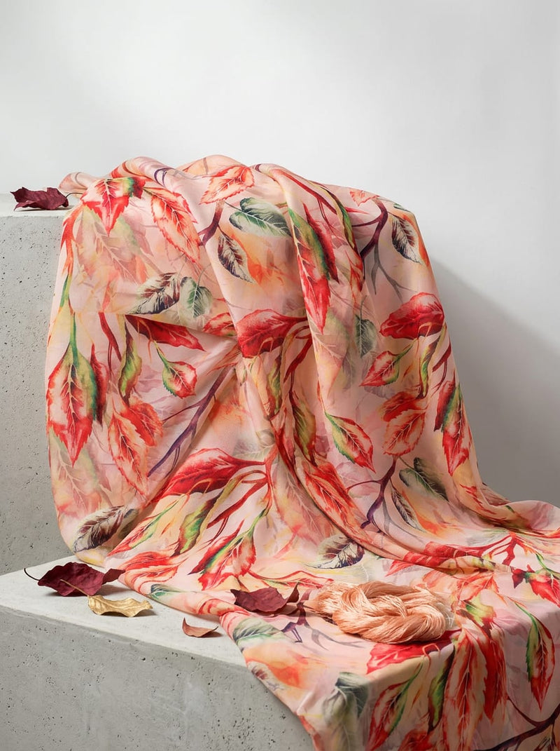 Multicolor Watercolor Autumnal Leaves Silk Crepe Digital Printed Fabric