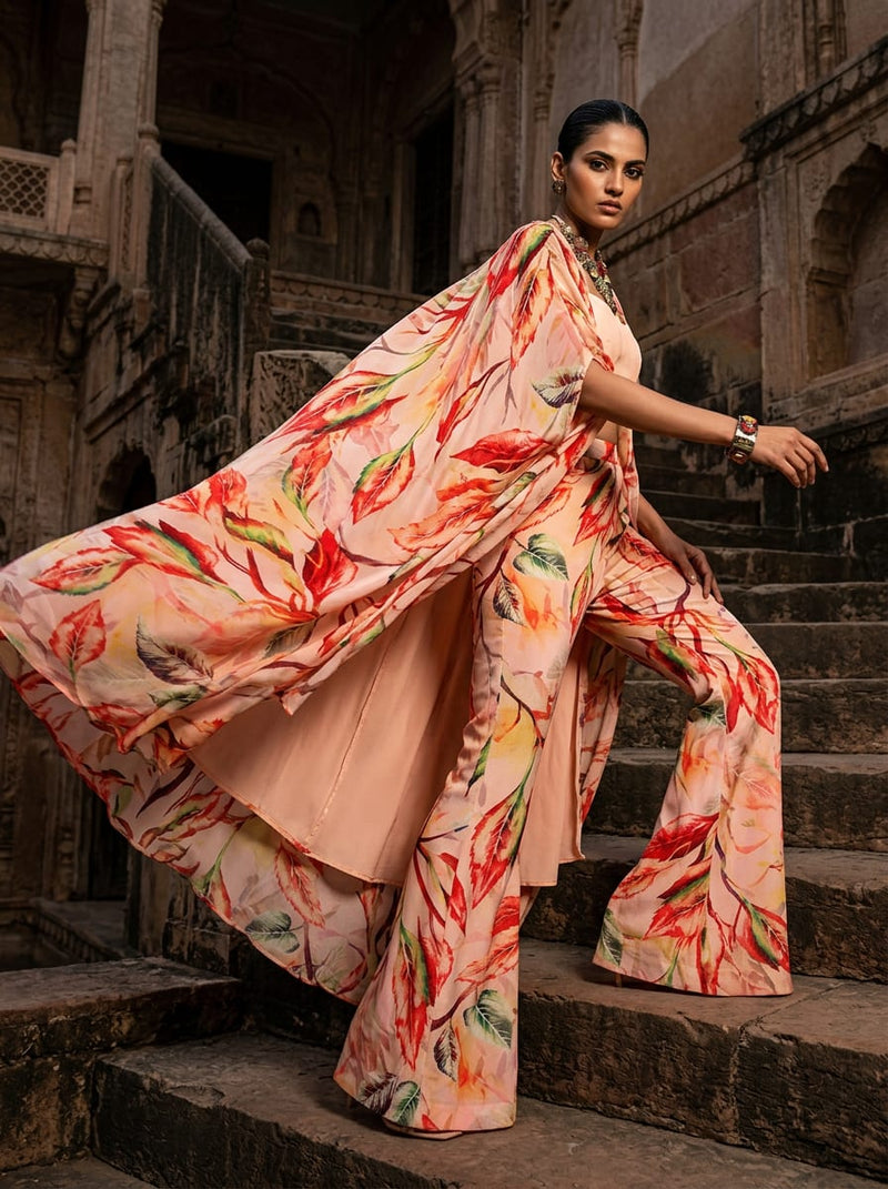 Multicolor Watercolor Autumnal Leaves Silk Crepe Digital Printed Fabric