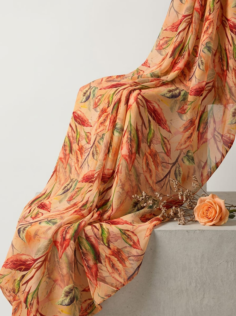 Multicolor Painterly Botanical Leaf Print Pure Georgette Digital Printed Fabric