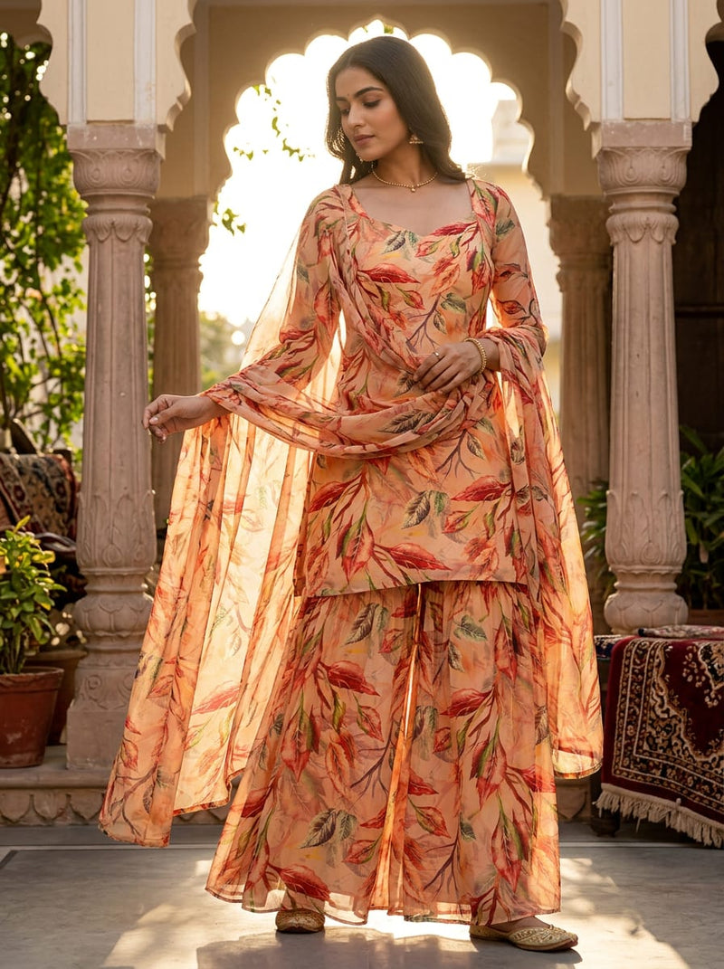 Multicolor Painterly Botanical Leaf Print Pure Georgette Digital Printed Fabric