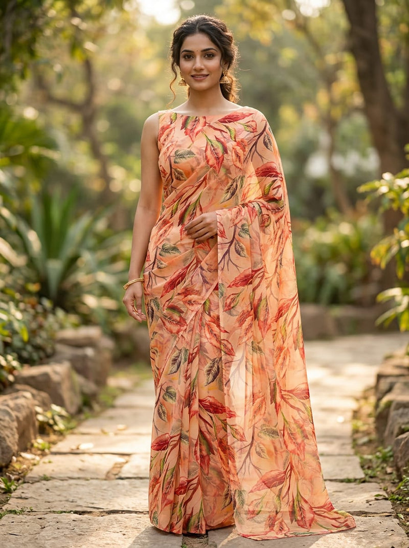 Multicolor Painterly Botanical Leaf Print Pure Georgette Digital Printed Fabric